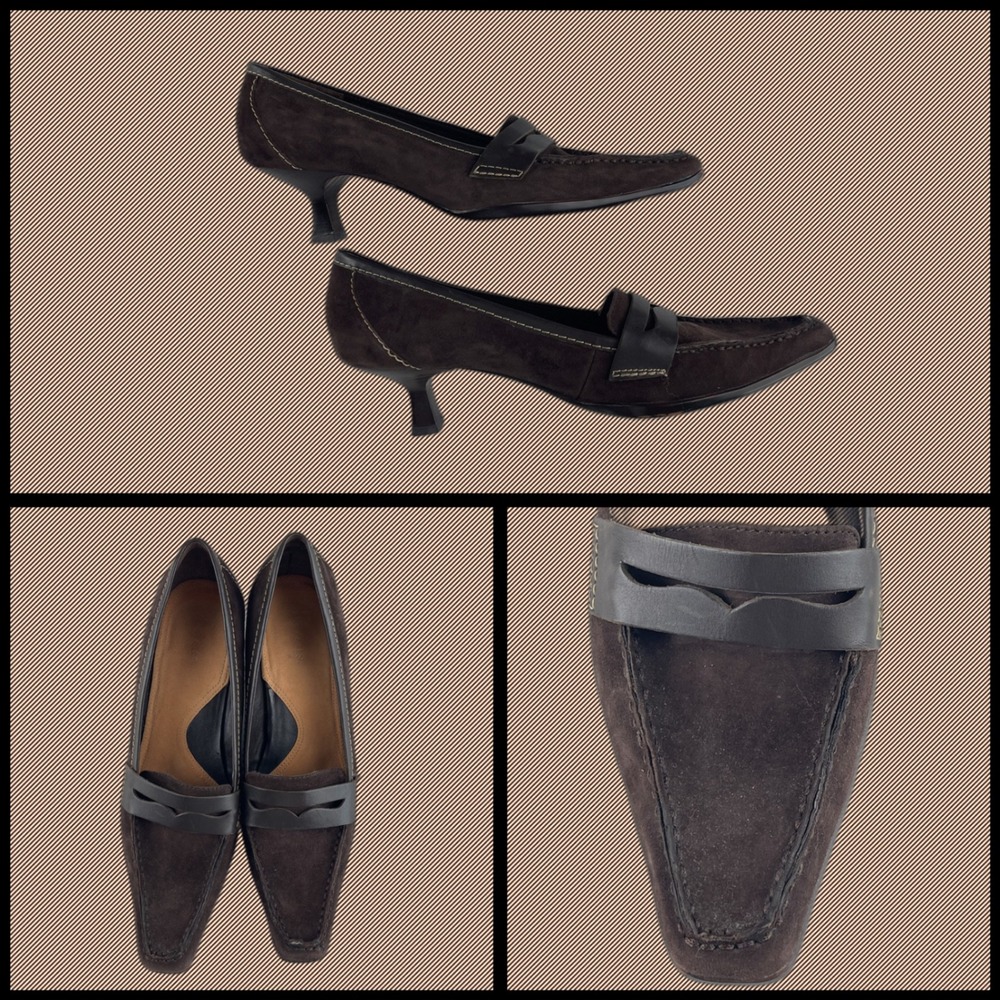 Aerosoles‎ Sleekend Dark Brown Suede Square Toe Slip On Kitten Heel Pumps 9.5